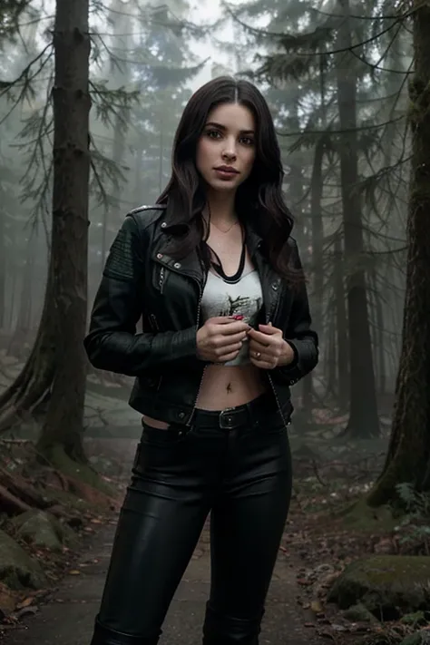 Meghan Ory, Laura Hale, Teen Wolf, 25 years old, long, messy light black hair, green eyes, open black leather jacket, red blouse with a black wolf print, dark black jeans, black boots, wolf pendant, white wolf print. Forest background with fog aura around ...