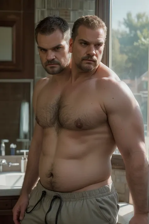 (((two identical heads on one body))), 1man, (david harbour), middle aged male, ((fat)), ((dadbod)), ((obese)), ((shirtless)), navel, big nipples, athletic shorts, body hair, big bulge, ((overweight)), dreamy atmosphere, dark cyan and red, i cant believe h...