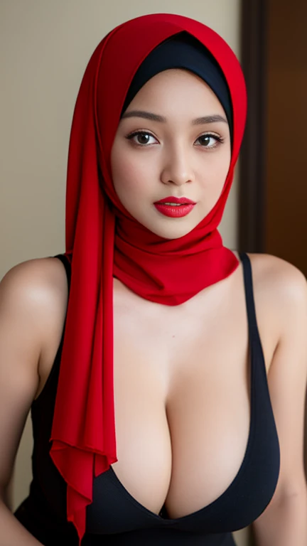 ((Best quality, 8k, Masterpiece :1.3)), Sharp focus :1.2,  (Indonesian model with red hijab),    ((big breasts)),  Highly detailed face and skin texture,  Fine eyes,  Double eyelids,  Make-up face. lipstick.  (((hijabi))).

((Pantyhose)),  ((tank top shirt...