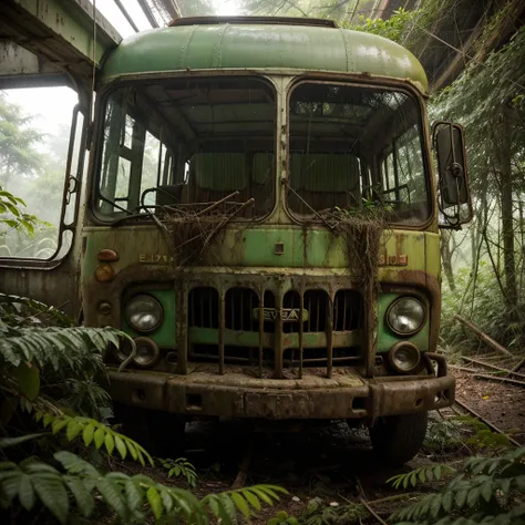 Na densa floresta, entre a folhagem verde exuberante, lies a scene of decay and abandonment. A highway bus, once a symbol of travel and adventure, agora jaz completamente esquecido. Its metal housing is covered in rust, que lentamente consome sua estrutura...