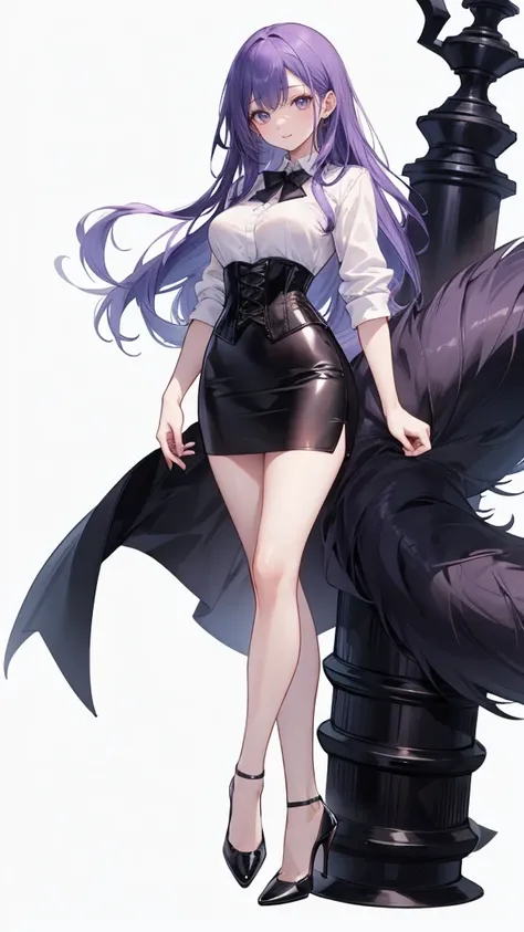 Purple Hair,long hair,Adult female,(suit),White Y-shirt,((Rolling up his sleeves)),(corset),(Black tight skirt),(High heels),Heels are visible,((Simple white background)),smile,((whole body)),((full body)),