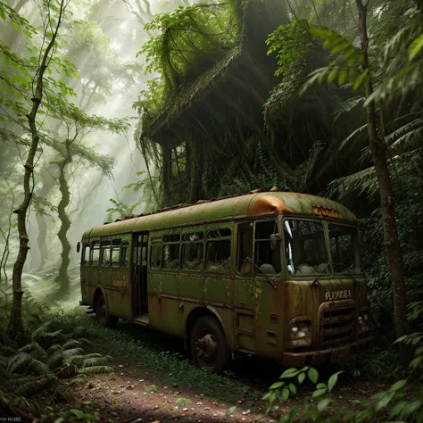 an old abandoned rusted metal bus covered in vines and vegetation in a dense lush green forest, leaves and moss growing on it, broken windows, sunlight shining through the trees, atmosphere of decay and desolation, highly detailed, photorealistic, dramatic...