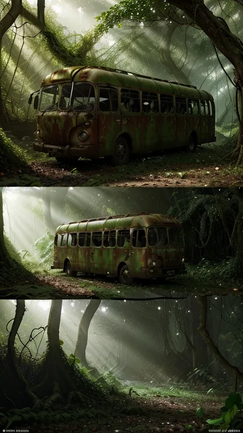 an old abandoned rusted metal bus covered in vines and vegetation in a dense lush green forest, leaves and moss growing on it, broken windows, sunlight shining through the trees, atmosphere of decay and desolation, highly detailed, photorealistic, dramatic...