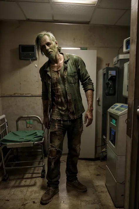 Zombie male middle-aged decay green skin tone dirty full body photo very worn clothes Standing next to a dialysis machine in a hospital