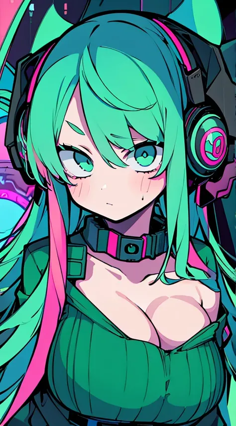 Best quality, (masterpiece:1.2), best detail face,1 girl, big breasts, 18 yo, 8k,absurdres,unity 8k wall paper,(extremely detailed:1.3), highest realistic, (retro headphones:1.1), (soft neon light:1.1), (floating hair:1.2), (psychedelic:1.2), Her room full...