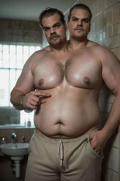 (((2heads))), 1man, (((david harbour))), middle aged male, ((fat)), ((overweight)), ((obese)), ((shirtless)), navel, athletic shorts, body hair, big bulge, dreamy atmosphere, dark cyan and red, i cant believe how beautiful this is, serene atmosphere, epic ...