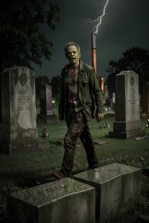 Zombie male middle-aged decay green skin tone dirty full body photo very worn clothes Walking in the graveyard at night Graveyard Night The moment lightning strikes a gravestone