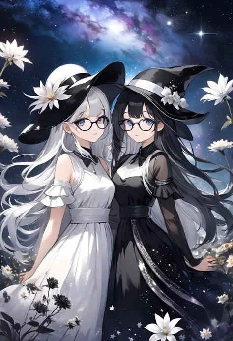 two girls, black and white hair, black and white dress, with hat and without hat, galaxy, with eyeglasses and without eyeglasses, fantasy, star, flower, ancient, 