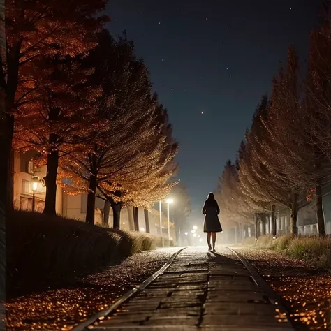 Noche oscura. Camino o calle cubierta de niebla. Luces de farola. Las luces de farola apenas iluminan a traves dr la niebla. En el medio del camino hay una chica con capucha roja.