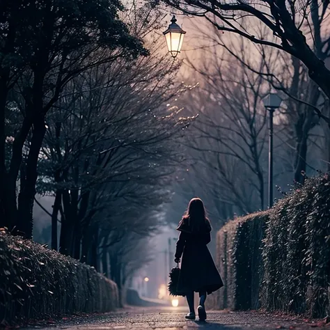 Noche oscura. Camino o calle cubierta de niebla. Luces de farola. Las luces de farola apenas iluminan a traves dr la niebla. En el medio del camino hay una chica con capucha roja.