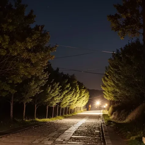 Noche oscura. Camino o calle cubierta de niebla. Luces de farola. Las luces de farola apenas iluminan a traves dr la niebla. En el medio del camino hay una chica con capucha roja.