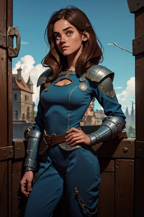 ella purnell, personagem, lucy character from the fallout series, (ella purnell cabelo com rabo de cavalo franja cortina) uma jo...