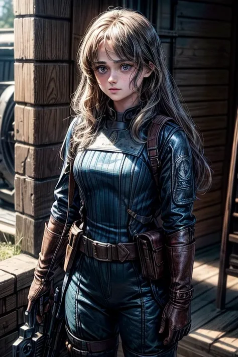 ella purnell, personagem, lucy character from the fallout series, (ella purnell cabelo com rabo de cavalo franja cortina) uma jo...