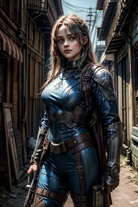 ella purnell, personagem, lucy character from the fallout series, (ella purnell cabelo com rabo de cavalo franja cortina) uma jo...