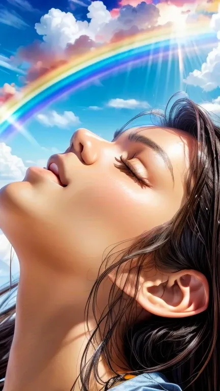 a beautiful girl looking up at the sky after the rain, colorful rainbow, summer