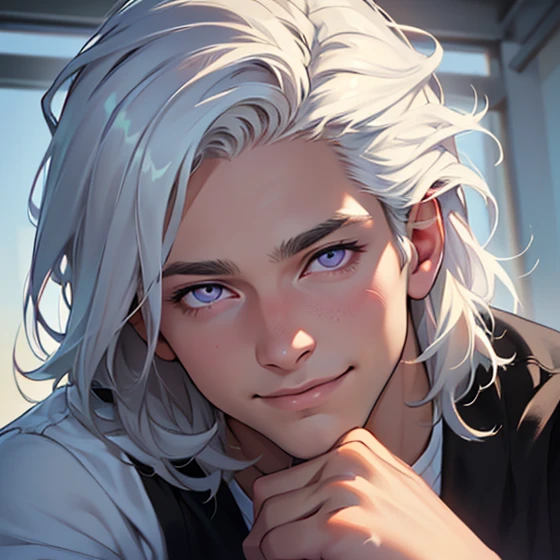 (realistic:1.37,best quality,4k,8k,highres,masterpiece:1.2),ultra-detailed,jovem,masculine Caucasian,deep purple eyes,gentle smile,simple clothing,school atmosphere,medium hair,white hair,slight smile.