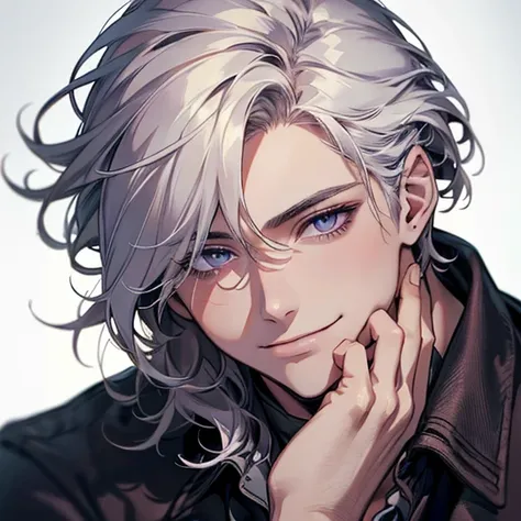 (realistic:1.37,best quality,4k,8k,highres,masterpiece:1.2),ultra-detailed,jovem,masculine Caucasian,deep purple eyes,gentle smile,simple clothing,school atmosphere,medium hair,white hair,slight smile.