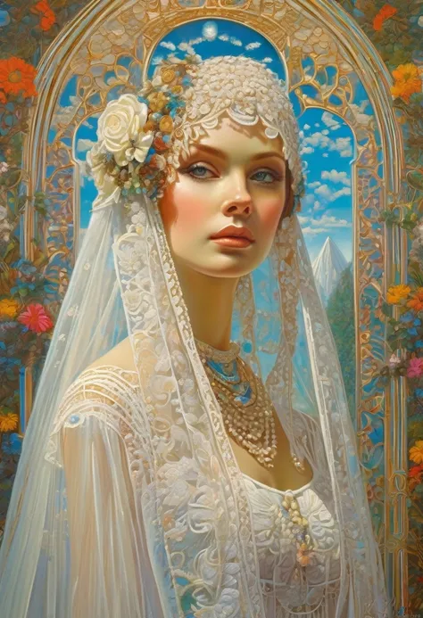 ((white tulle lace)), intricate lace, calico, ((lace on the veil)), aesthetics, ((Jacek-Yerka style!)), ((perfect full detail)), magic naive art, primitivism, protogen,
, ((best quality, Masterpiece)), ((Highest detail Konstantin Makovsky, Alphons Mucha)),...