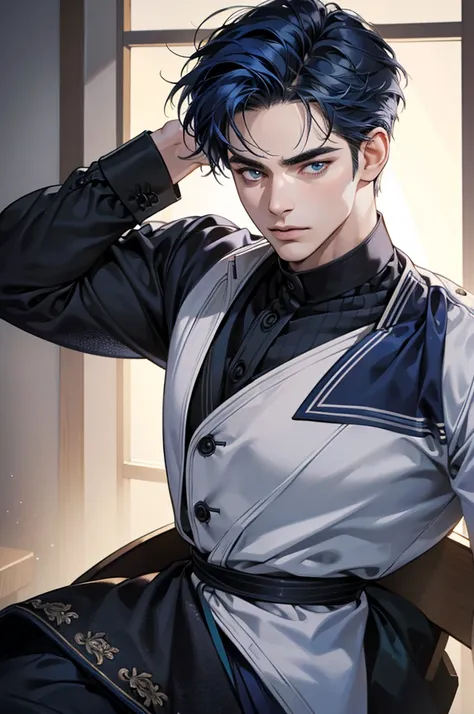 (best quality,4k,8k,highres,masterpiece:1.2),ultra-detailed,(realistic,photorealistic,photo-realistic:1.37),30 year old man,3 day beard,handsome anime,portraits,strong,masculine,dark blue hair,sharp jawline,mesmerizing eyes,perfectly styled hair,short hair...