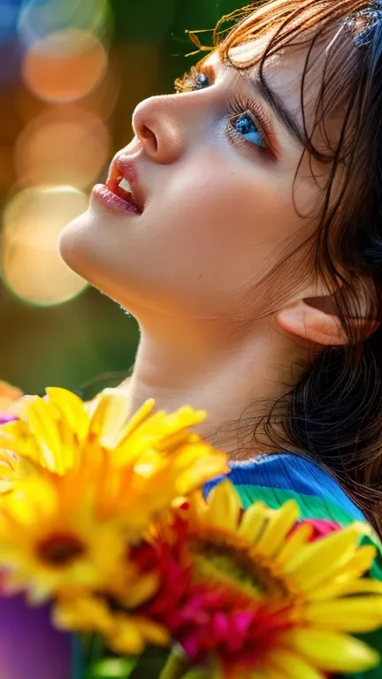 a beautiful young girl looking up at a vibrant rainbow after the rain, summer day, detailed facial features, long eyelashes, soft lighting, photorealistic, 8k, highly detailed, intricate background, lush nature, warm color tones, glowing sun rays