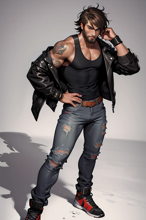 detailed and colorful sketch, realistic contour style, full body drawing, Tekken style character, young man around 30, fighter physique, Latin American boy features, light brown eyes, short shoulder length hair with long bangs, soft beard, wearing a gray t...