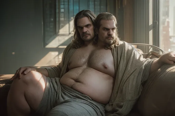 (((2heads))), 1man, ((((david harbour)))), middle aged, male, short graying hair, (((obese))), ((shirtless)), navel, sweatpants, body hair, big bulge, dreamy atmosphere, dark cyan and red, i cant believe how beautiful this is, serene atmosphere, epic reali...