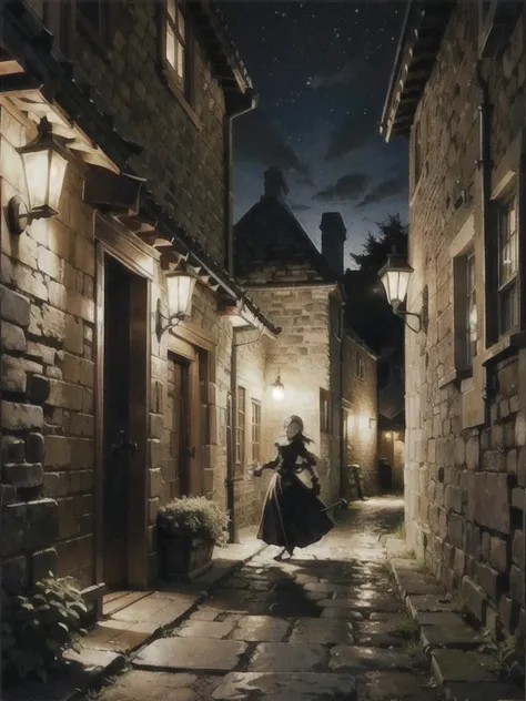  Medieval Street, dark light, night, Stone wall, girl thief sneaks along the wall, excitement, Looking 