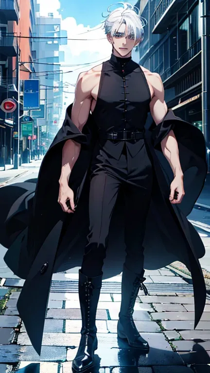 Full body shot, 1man,male focus, 25 years old, ((very very short white hair:1.2)) , (Bad boy hairstyle ) ,light blue eyes , Dark circles pale skin, pointy ears, fangs,Black claws, villain smile, villain expression, BREAK He wears a long sleeveless black ca...