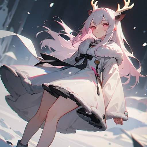 1 girl, 16 years old, grey antlers, snow colored hair, pink eyes, dark grey fur, deer legs, cut, White Dress