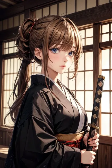 (masterpiece), (Best quality), 1 chubby Russian girl, samurai, (chestnut color, long hair tied in a ponytail)(golden brown sparkling eyes), holding a sword, help, Japanese house background, detailed gorgeous face, perfect shading, dramatic lighting, very d...