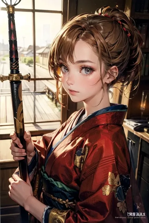 (masterpiece), (Best quality), 1 chubby Russian girl, samurai, (chestnut color, long hair tied in a ponytail)(golden brown sparkling eyes), holding a sword, help, Japanese house background, detailed gorgeous face, perfect shading, dramatic lighting, very d...