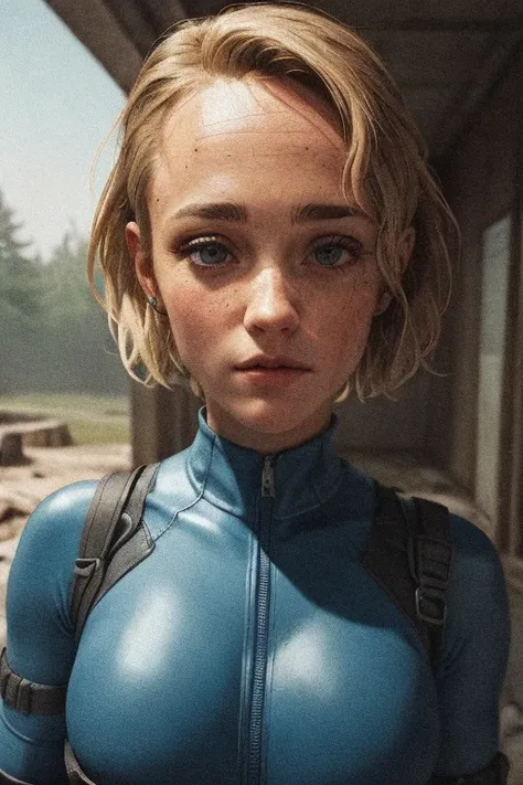 Ella Purnell, Lucy character from the fallout series, post-apocalypse, fog, light particles,  (best quality, masterpiece, bokeh, highres), fallout 4, 1girl, blue vaultsuit, VaultGirl, blonde hair, narrowed eyes, short hair, without pipboy3000, leather armo...