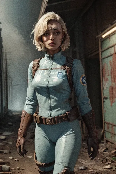 Lucy, Fallout,, post-apocalypse, fog, light particles,  (best quality, masterpiece, bokeh, highres), fallout 4, 1girl, blue vaultsuit, VaultGirl, blonde hair, narrowed eyes, short hair, without pipboy3000, leather armored, walking, holding gun, closed mout...