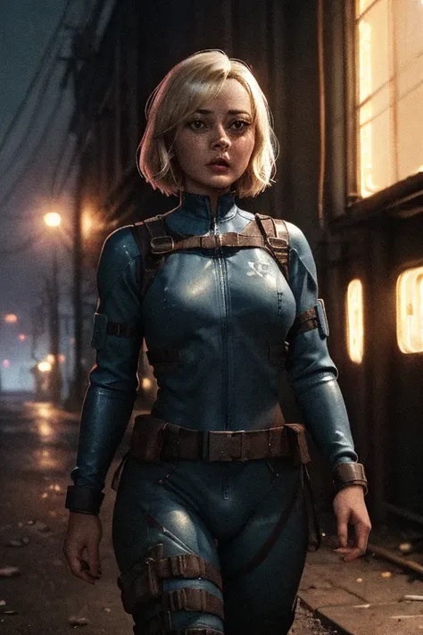 Lucy, Fallout,, post-apocalypse, fog, light particles,  (best quality, masterpiece, bokeh, highres), fallout 4, 1girl, blue vaultsuit, VaultGirl, blonde hair, narrowed eyes, short hair, without pipboy3000, leather armored, walking, holding gun, closed mout...