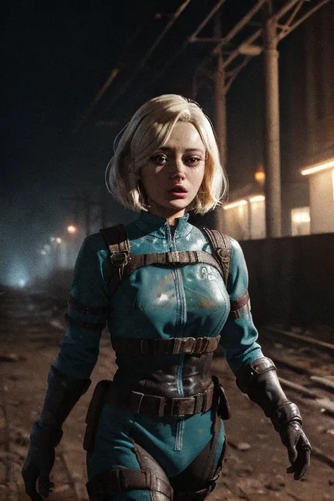 Lucy, Fallout,, post-apocalypse, fog, light particles,  (best quality, masterpiece, bokeh, highres), fallout 4, 1girl, blue vaultsuit, VaultGirl, blonde hair, narrowed eyes, short hair, without pipboy3000, leather armored, walking, holding gun, closed mout...