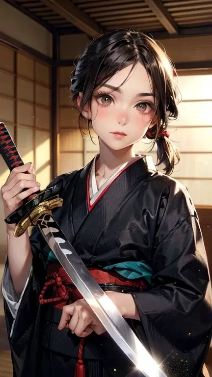 (masterpiece), (Best quality), 1 chubby Russian girl, samurai, (very tousled dark brown tousled long hair tied in a ponytail)(golden brown sparkling eyes, long eyelashes), holding a katana sword, help, black mens kimono, Japanese house background, detailed...