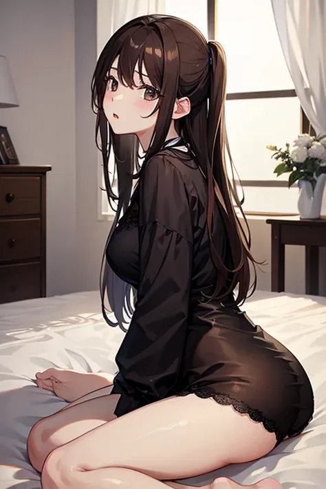 masterpiece, highest quality, High resolution，Anime Style、Brown Hair、long、Sit on the bed、Looks sleepy、Droopy eyes、Yawn、negligee、、Open Front