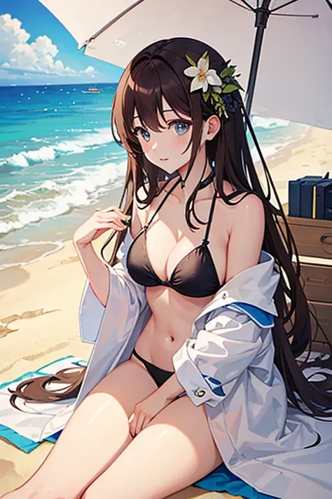 masterpiece, highest quality, High resolution，Anime Style、Brown Hair、long、Resting on the beach、Beach parasol、bikini、Sand castles