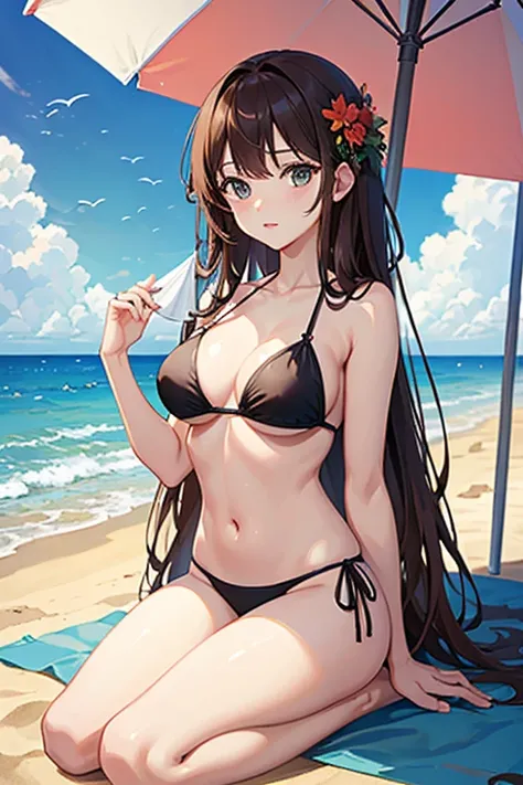 masterpiece, highest quality, High resolution，Anime Style、Brown Hair、long、Resting on the beach、Beach parasol、bikini、Sand castles