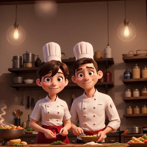 ((melhor qualidade)), , (detalhado), a chef couple in a romantic pose preparing dinner
