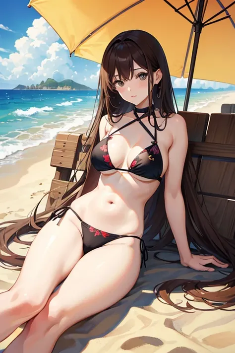 masterpiece, highest quality, High resolution，Anime Style、Brown Hair、long、Resting on the beach、Beach parasol、bikini、Sand castles