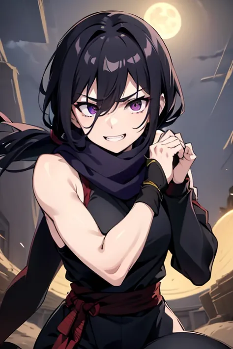 (masterpiece), best quality, (expressive eyes), perfect face, a ninja girl, dynamic black long hair, (hair over one eye), bangs, pony tail, wide open eyes, purple eyes, smug smile, teeth, black ninja mouth mask, purple scarf, dark purple sleeveless suit, b...