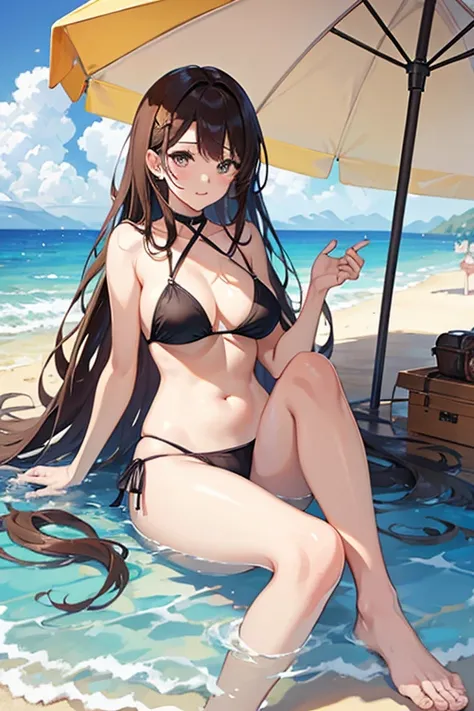 masterpiece, highest quality, High resolution，Anime Style、Brown Hair、long、Resting on the beach、Beach parasol、bikini、Sand castles