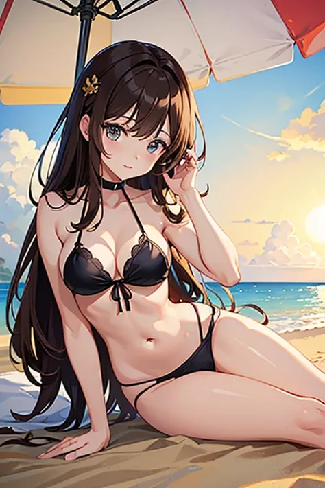 masterpiece, highest quality, High resolution，Anime Style、Brown Hair、long、Resting on the beach、Beach parasol、bikini、Sand castles、Selfie style