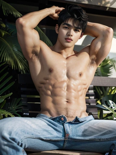 1 chico, hombre coreano, un chico musculoso y guapo, 18 year old male model, athletic physique, sin usar nada, topless, jeans , realista, male , correct male scrotum, perfecto scrotum, estructura masculina, correct male genitelia, genitelia masculina enorm...