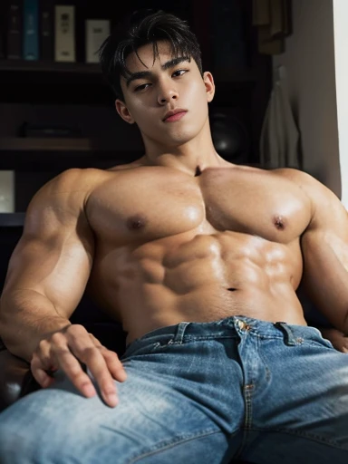 1 chico, hombre coreano, un chico musculoso y guapo, 18 year old male model, athletic physique, sin usar nada, topless, jeans , realista, male , correct male scrotum, perfecto scrotum, estructura masculina, correct male genitelia, genitelia masculina enorm...