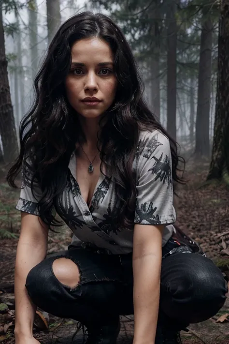 Melissa Ponzio, Melissa McCall, Teen Wolf, 40 years old, long curly and messy black hair, brown eyes, red blouse with star pattern, dark black jeans, black boots, silver pendant, white wolf print. Forest background with fog aura around black color.