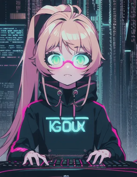 (Monika, green eyes, ponytail, gorgeous face, very long hair, perfect body), (masterpiece, best quality, highly detailed), (cyberpunk:1.2), (neon:1.5), (hacker:1.5), (glasses:1.2), (hoodie:1.2), (wires:1.2), (keyboard:1.2), (glitching:1.2), 