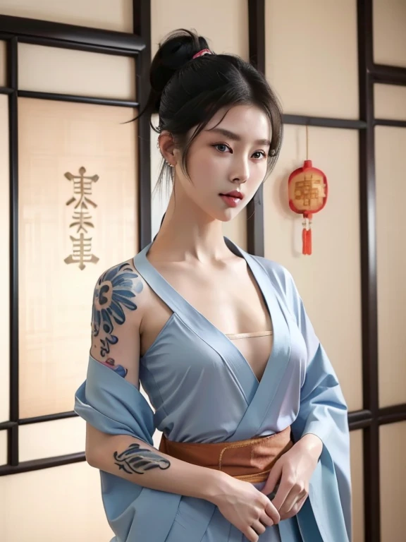 (masterpiece best quality:1.4),1 sexy alluring ultra hot girl, (tattoo of chinese text:1.5), damp , cleavage , solo, sweaty body, hair flowers, long hair, blue eyes, looking at viewer,looking sensually , black hair, bare shoulders, half-opened transparent ...