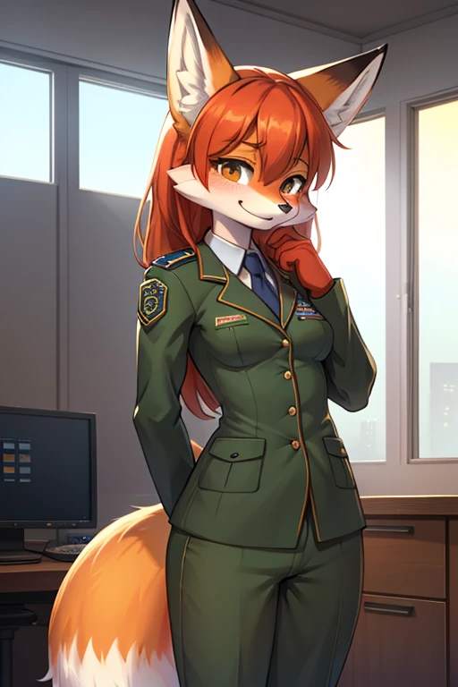 (((fox))), woman, ((furry)), thin, small breasts, shy, with a millitary officer clothes, 